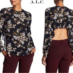 A.L.C. 💯% Silk Cooper Ruffle Trim Open Back Floral Print Top Womens 6